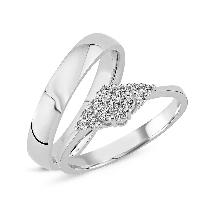 Nuran Lilja vielsesringe i 14 kt hvidguld med 0,30 ct wesselton diamanter – blankpoleret damering og rund herrering.